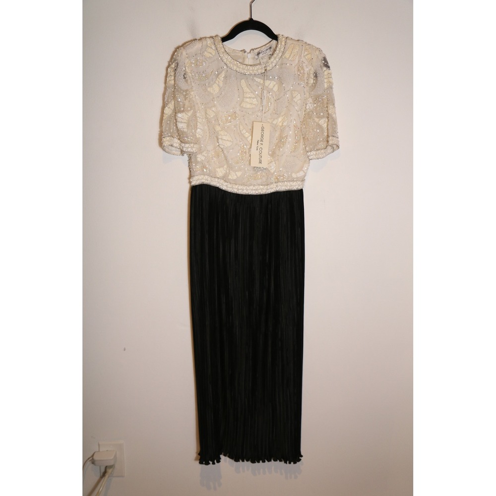 Vintage George F Couture Deadstock 80s 90s Beaded Plisse Pleated Silk Gown 6‎